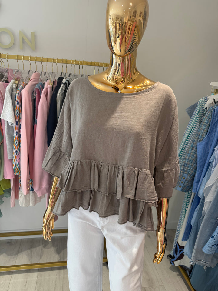 Linen Mix Frill Bottom Top (2 Colours)
