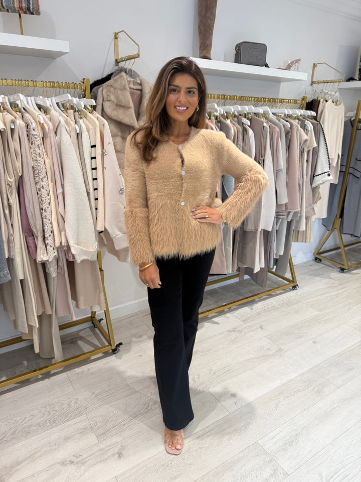 Camel Fluffy Diamante Button Round Neck Cardigan