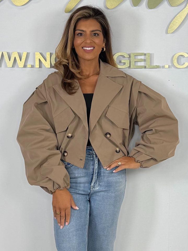 Collared Double Breasted Cropped Trench Balloon Sleeve Coat (2 Colours)