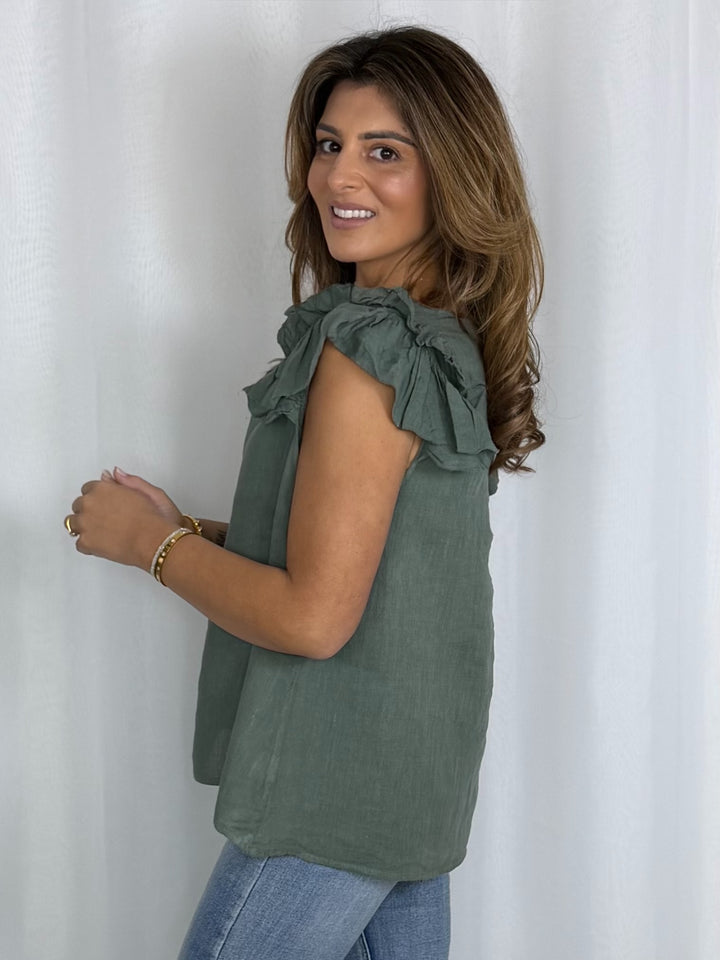 Linen V-Neck Frill Sleeve Top (8 Colours)