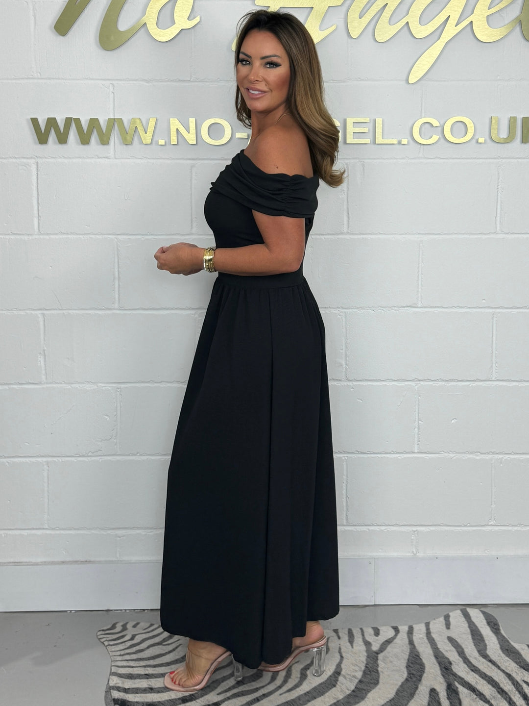 Flared Ribbed Top Fold Over Bardot Midi Dress