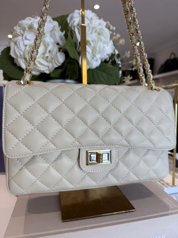 Large Genuine Leather Quilted Turn Lock Chain Handle Handbag (2 Colours)