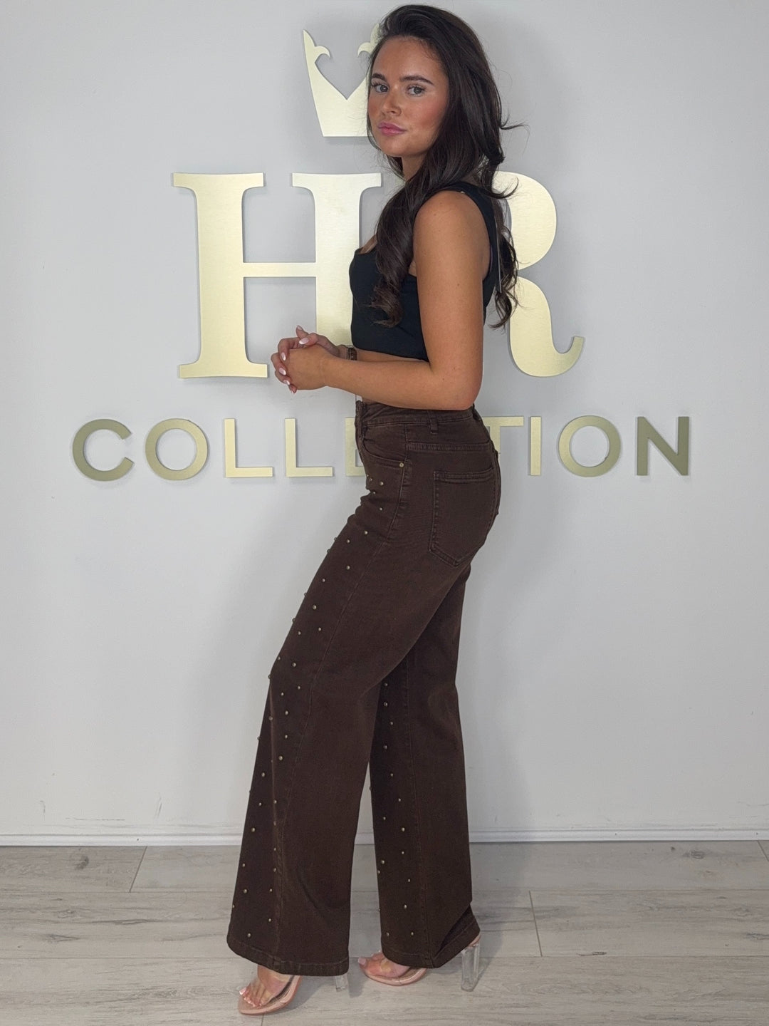 Brown Straight Leg Bronze Stud Jeans