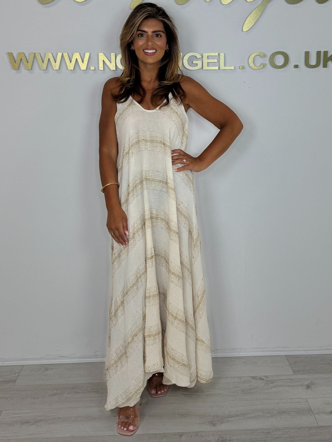 Linen Mix Gold Fleck Spaghetti Strap Handkerchief  Maxi Dress  (2 Colours)