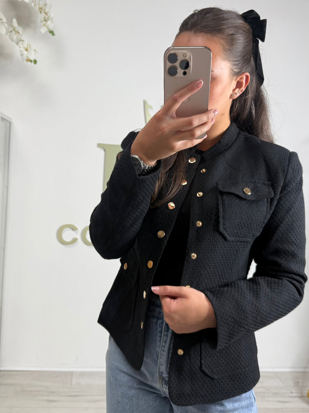High Collared Tweed Gold Button Military Blazer (2 Colours)