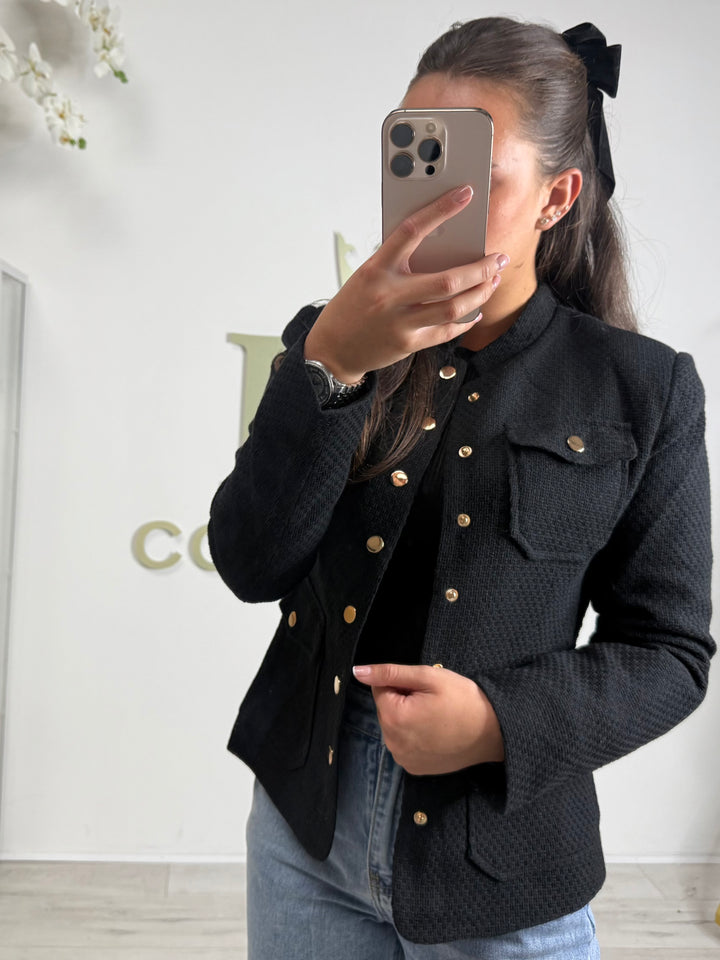 High Collared Tweed Gold Button Military Blazer (2 Colours)
