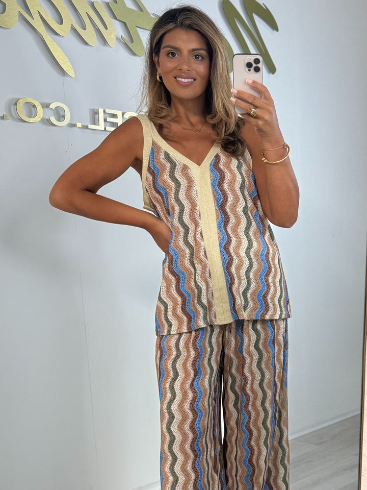 Zigzag Wavy Detail Gold Fleck Floaty Vest Top & Trouser Co-ord