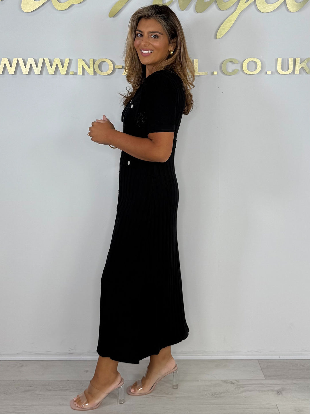 Button Short Sleeve Knitted Front Split Maxi Dress (2 Colours)