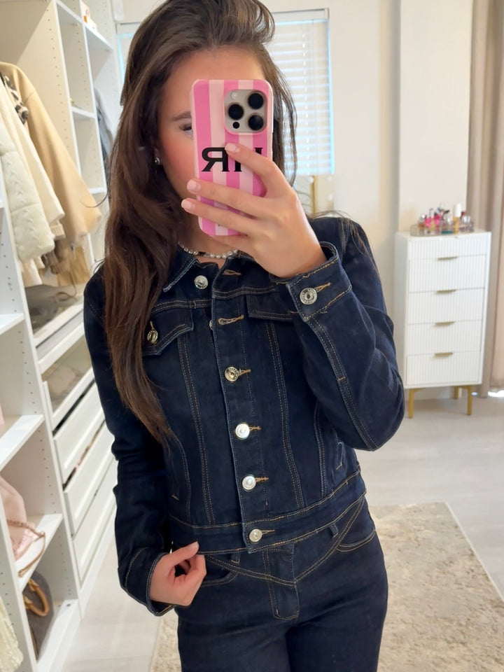 Dark Denim Cropped Collared Jacket