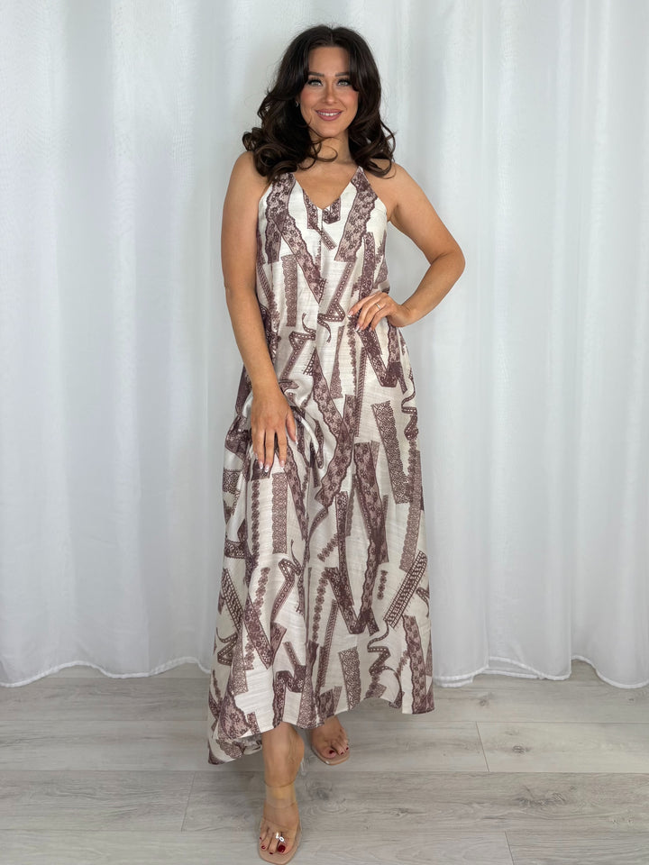 V-Neck Beaded Strap Lace Print Dress