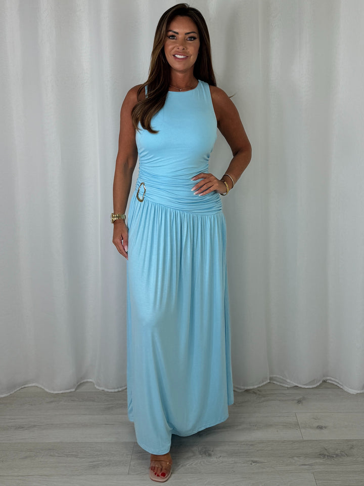 Round Neck Ruched Gold Buckle Side Split Maxi Dress (6 Colours)