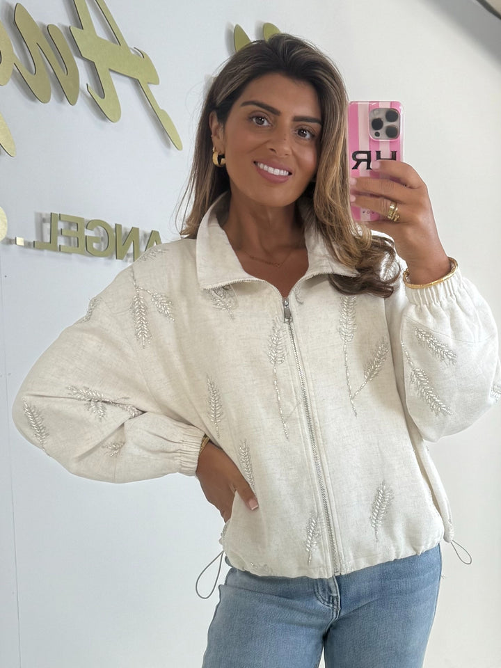 Linen Mix Leaf Embellished Drawstring Bomber Jacket