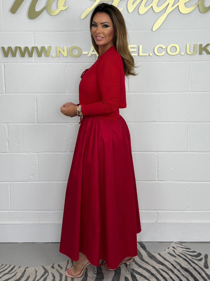 Flared T-Shirt Midi Dress With Matching Tie Up Cropped Cardigan (4 Colours)