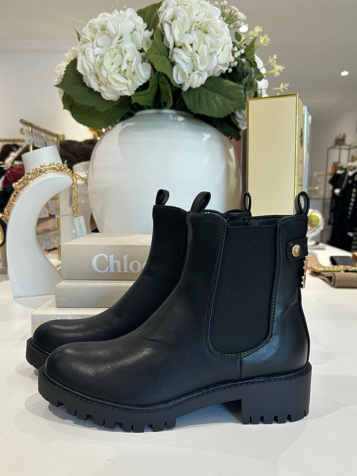 Black Chunky Faux Leather Gold Square Detail Buckle Back Ankle Boots