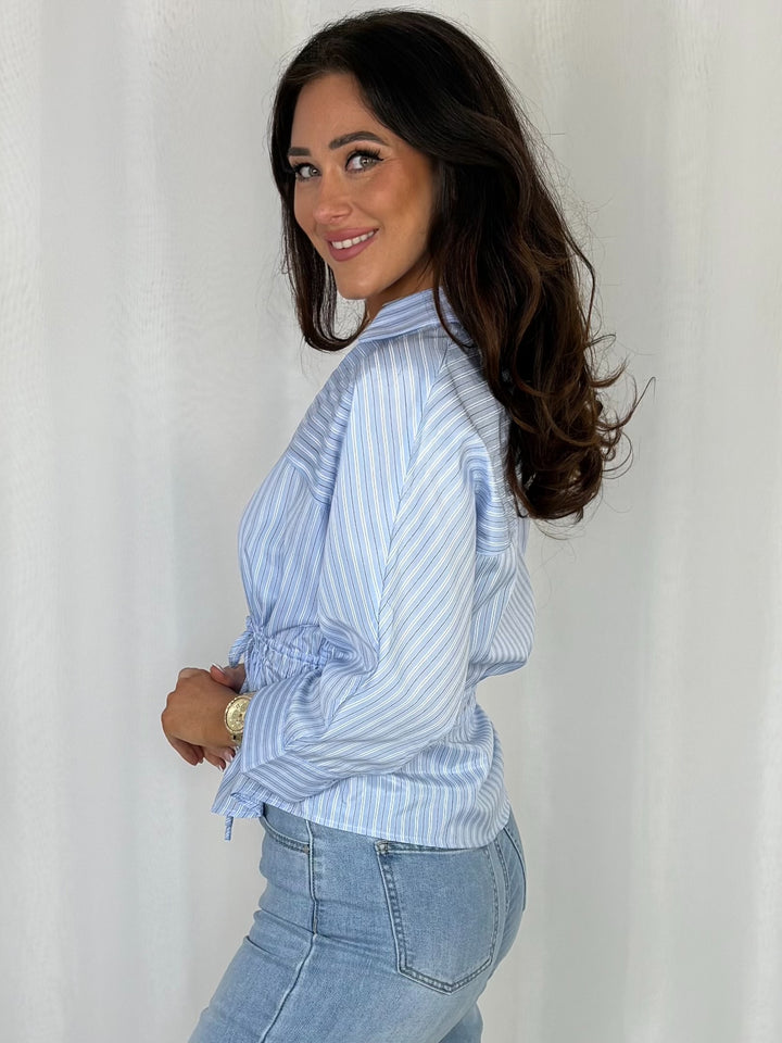 Blue Striped Tie Waist Shirt