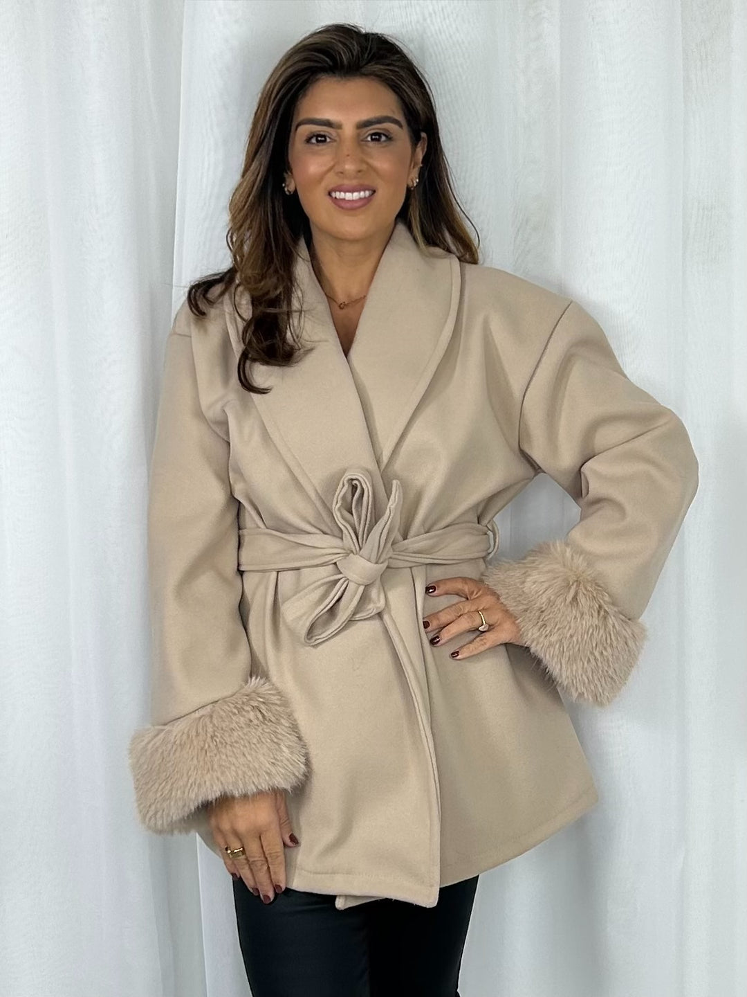 Belted Collared Trench Coat With Faux Fur Cuffs (4 Colours)