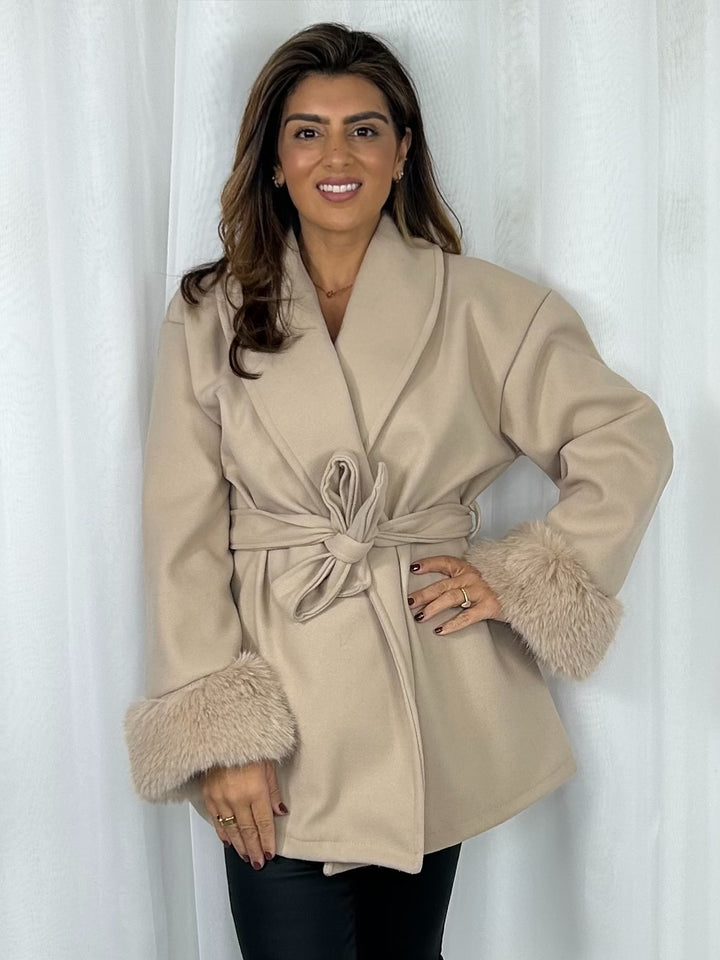 Belted Collared Trench Coat With Faux Fur Cuffs (4 Colours)