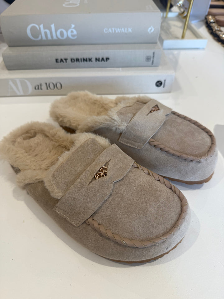 Beige Fluffy Backless Loafers