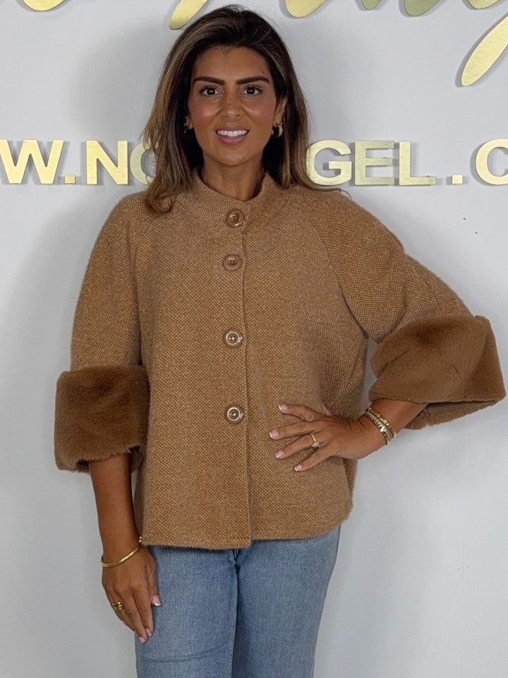 Textured Faux Fur Cuff Sleeve Cape Style Jacket (7 Colours)