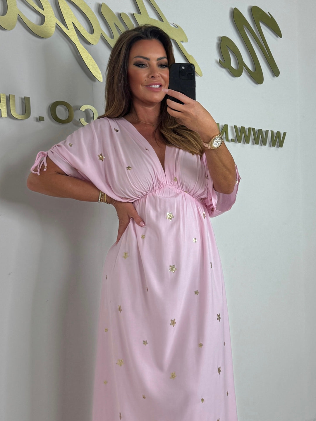 V-Neck Bell Sleeve Gold Sequin Flower Detail Maxi Dress (2 Colours)