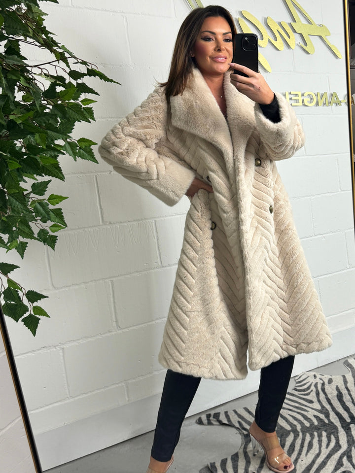 Faux Fur Herringbone Gold Button Chevron Long Coat (2 Colours)