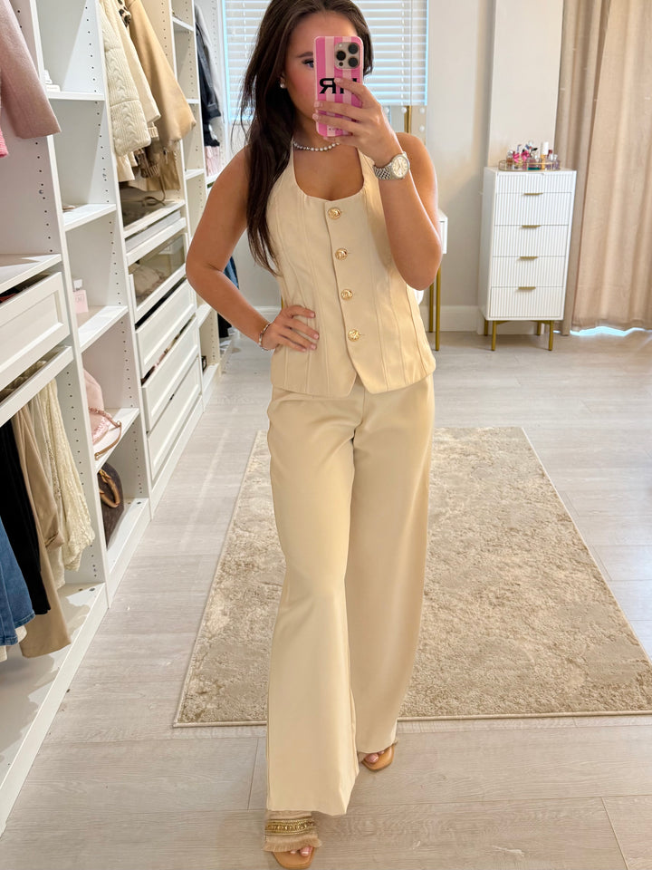 Gold Button Up Halterneck Top & Trouser Co-Ord