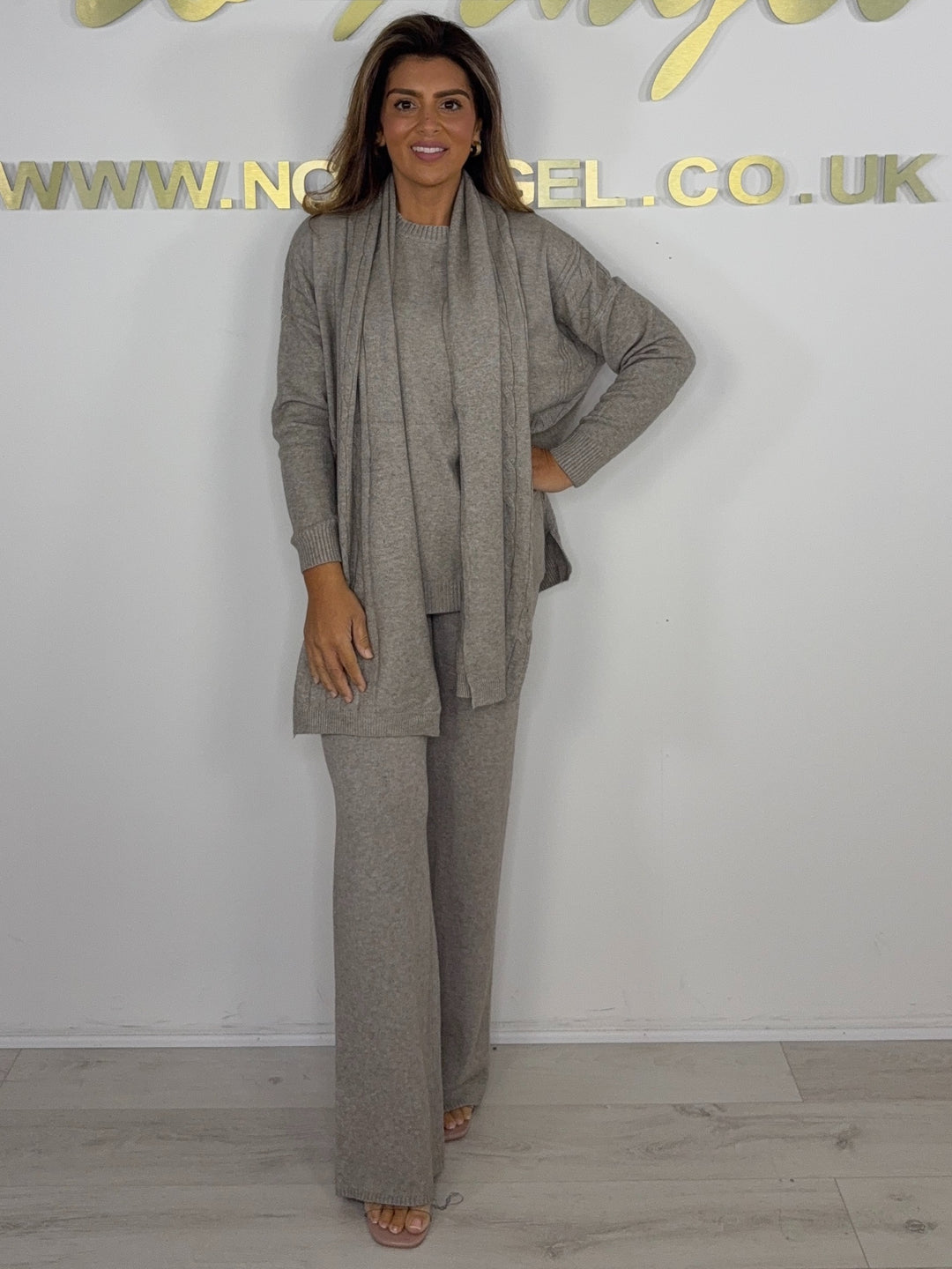 Soft Knit Cable Design Round Neck Top & Trouser Co-ord With Scarf (6 Colours)