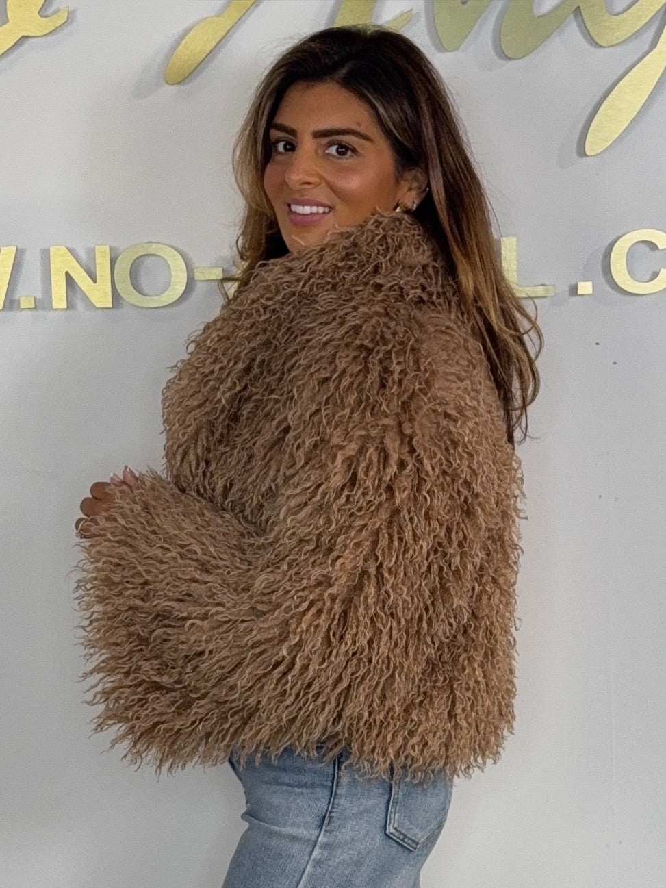 Faux Shaggy Fur Cropped Collared Coat