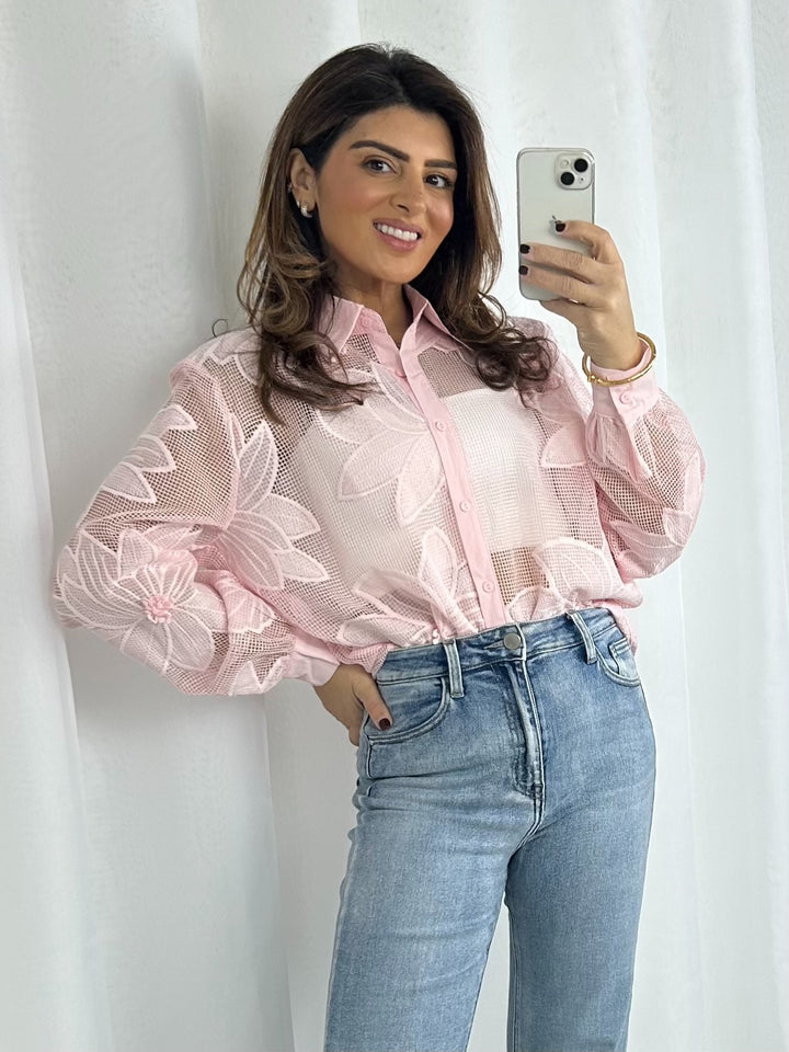 Oversized Mesh Flower Detail Collared Shirt (5 Colours)