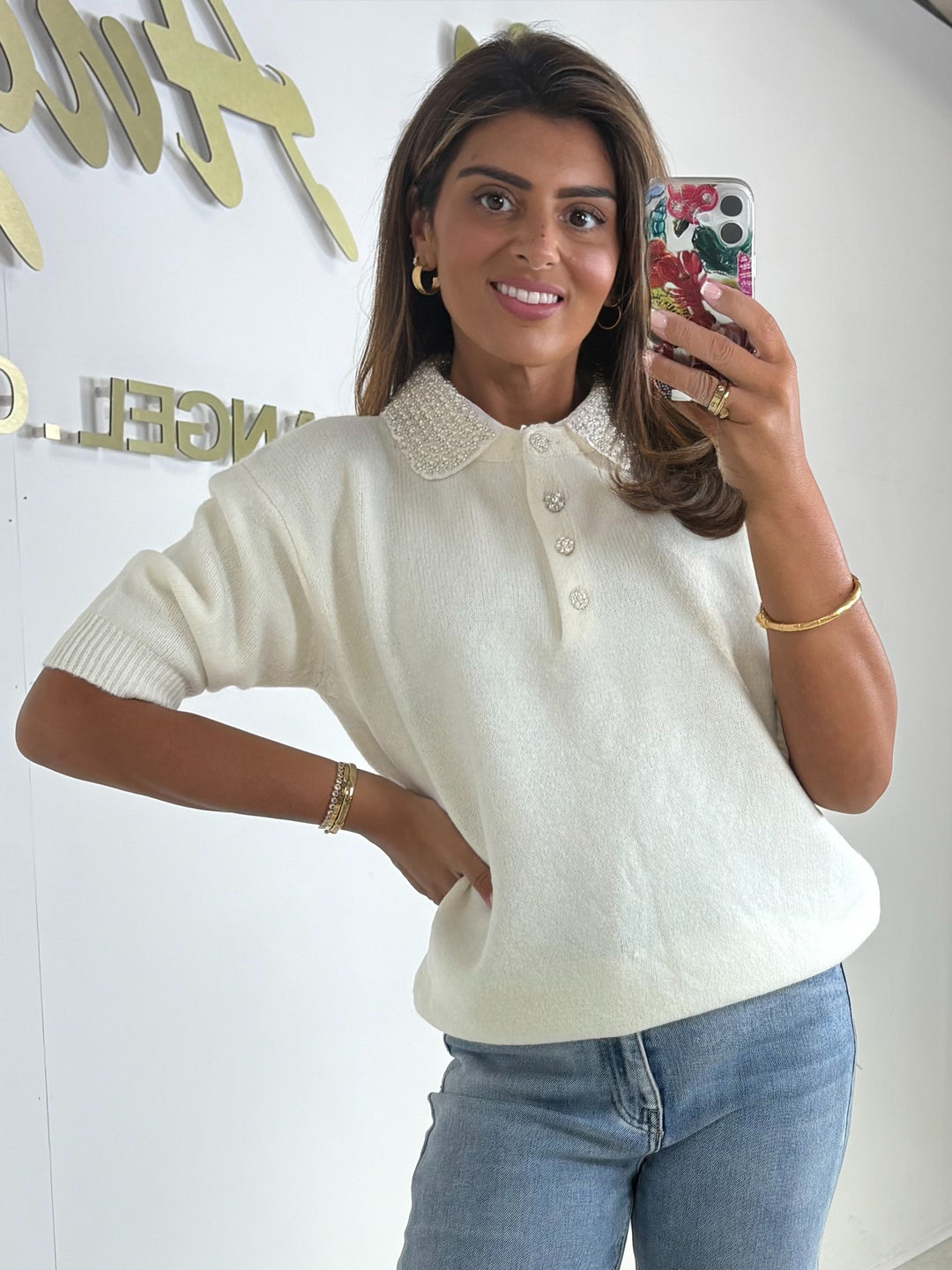 Short Sleeve Diamante Collared Knit Jumper (7 Colours)