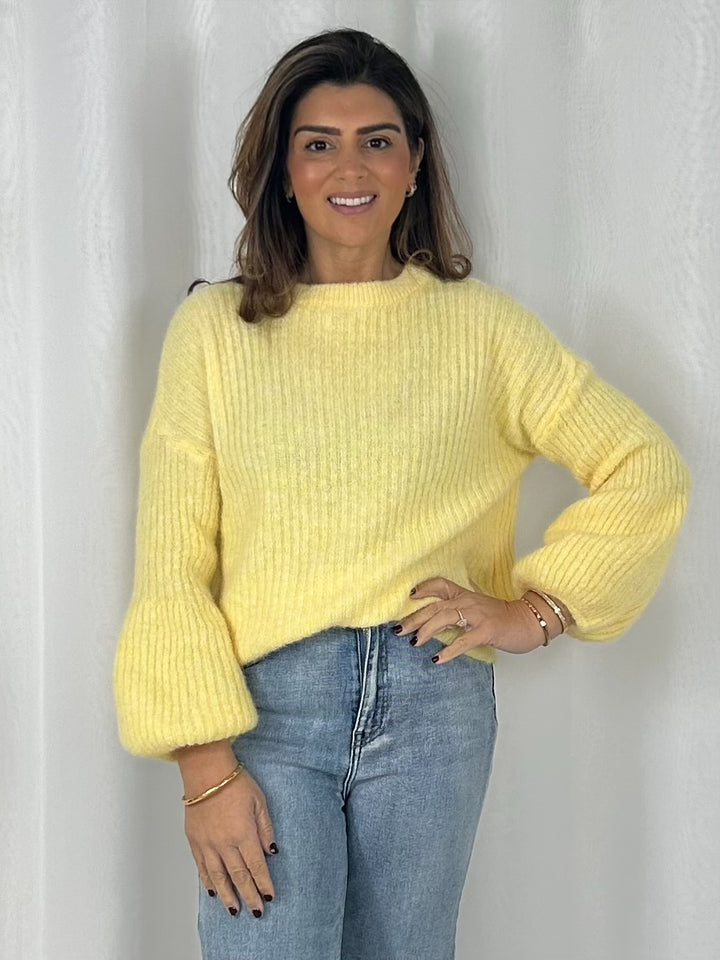 Balloon Sleeve Ribbed Round Neck Jumper (6 Colours)