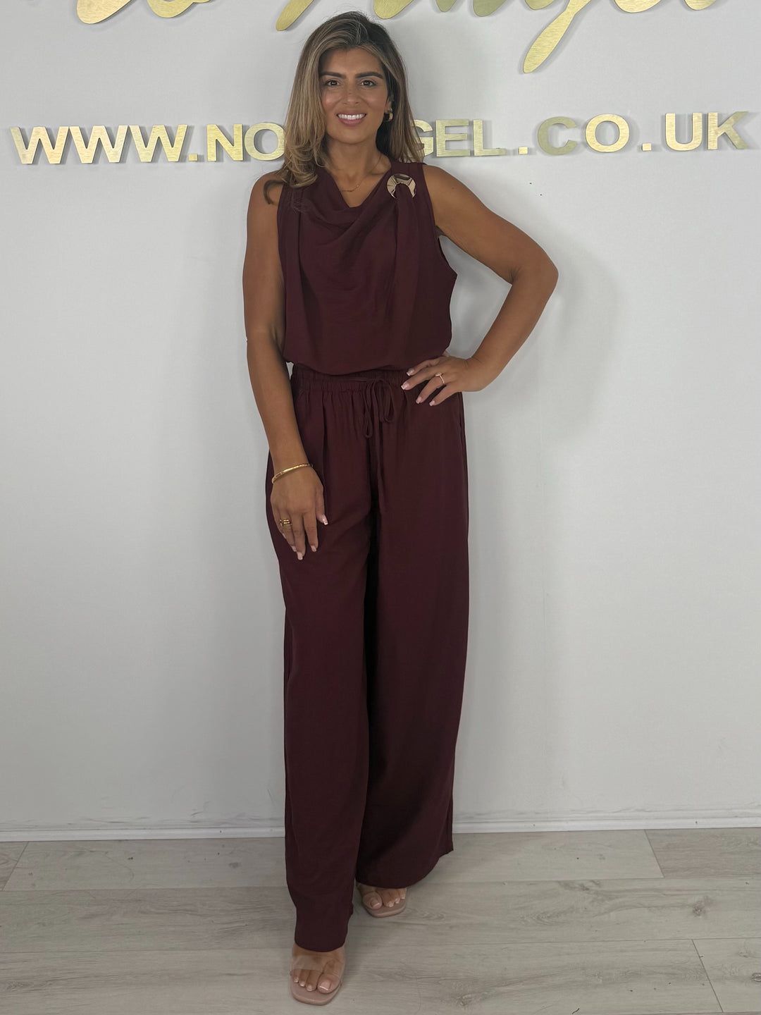 Cowl Neck Gold Disk Detail Elasticated Waist Trouser Co-ord (3 Colours)
