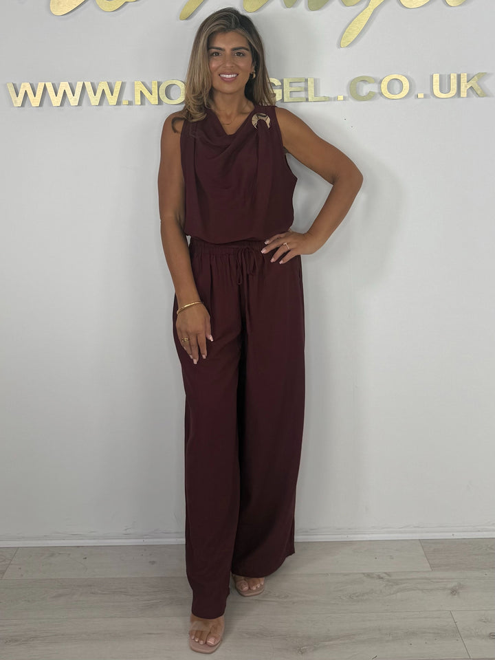 Cowl Neck Gold Disk Detail Elasticated Waist Trouser Co-ord (3 Colours)