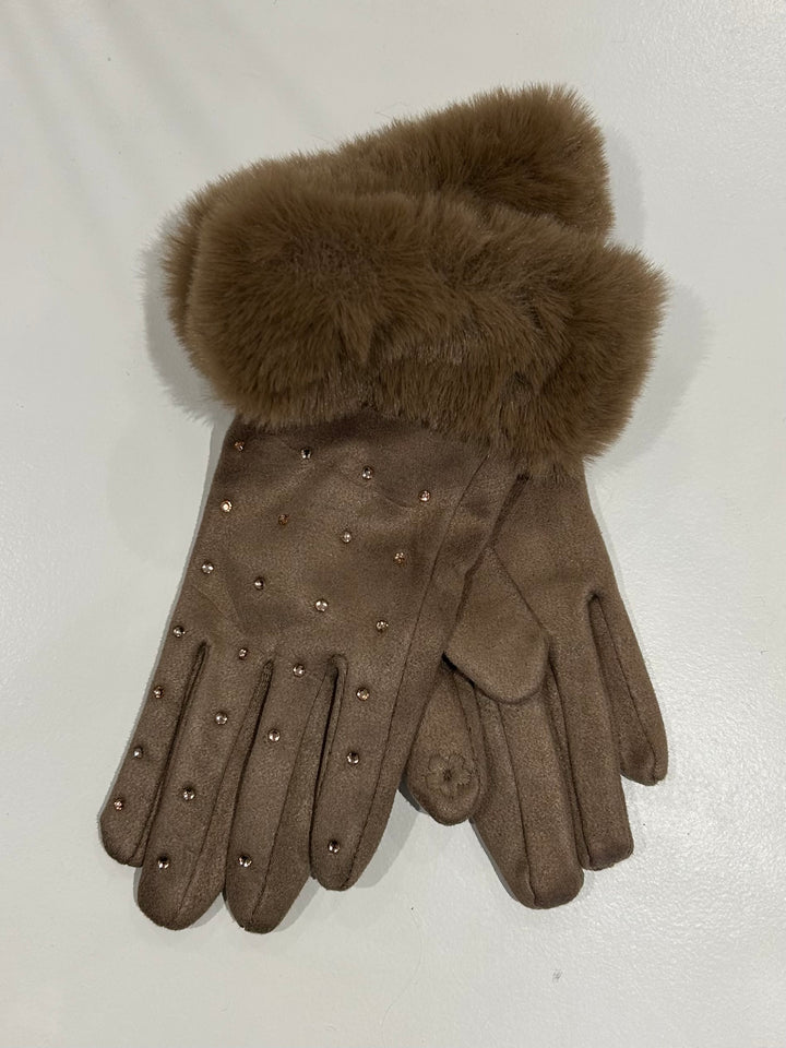 Scattered Diamante Faux Fur Cuff Gloves