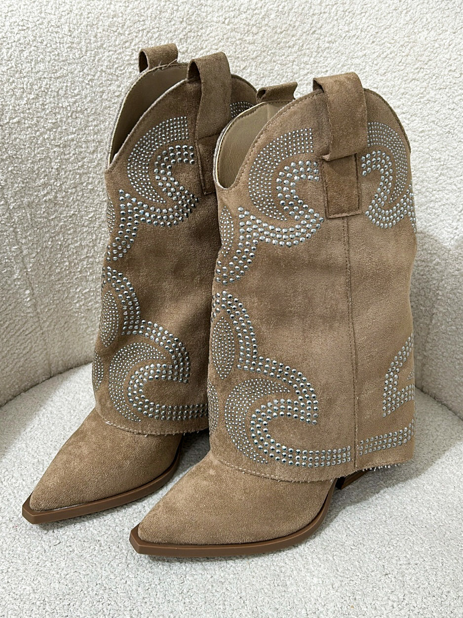 Camel Studded Fold Over Cowboy Boot