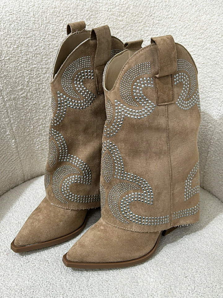 Camel Studded Fold Over Cowboy Boot