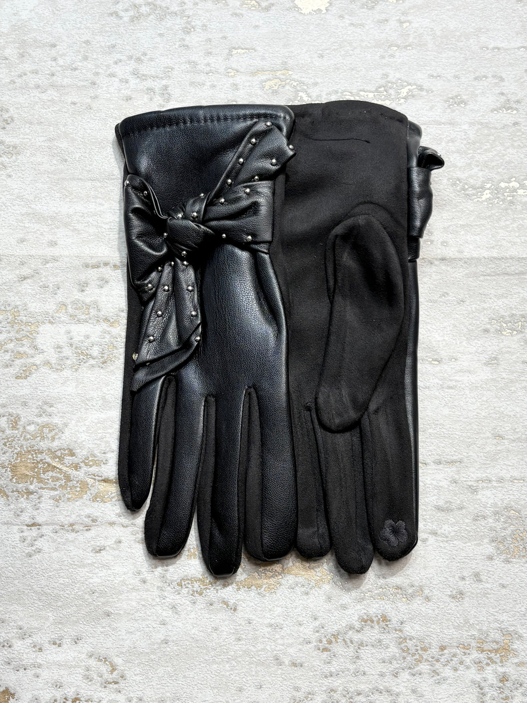 Faux Leather Gloves Studded With Bow (6 Colours)