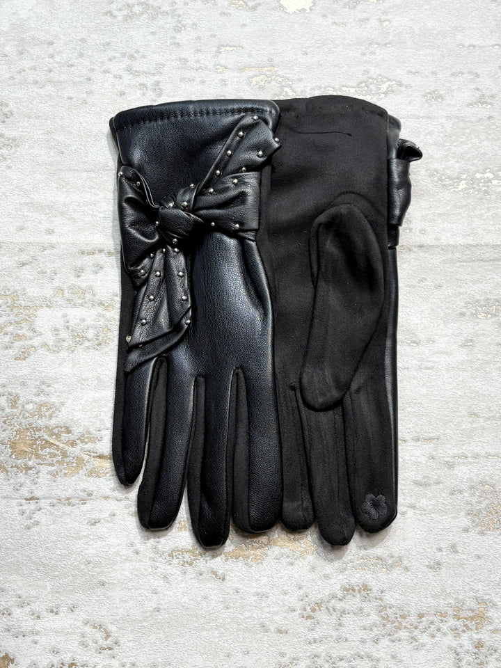Faux Leather Gloves Studded With Bow (6 Colours)