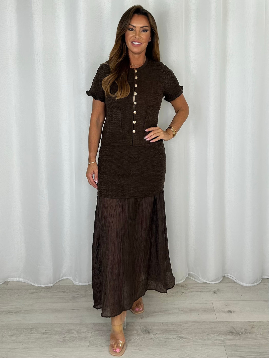 Short Sleeve Gold Button Top And Maxi Skirt With Knit Mini Overlay Co-Ord (2 Colours)