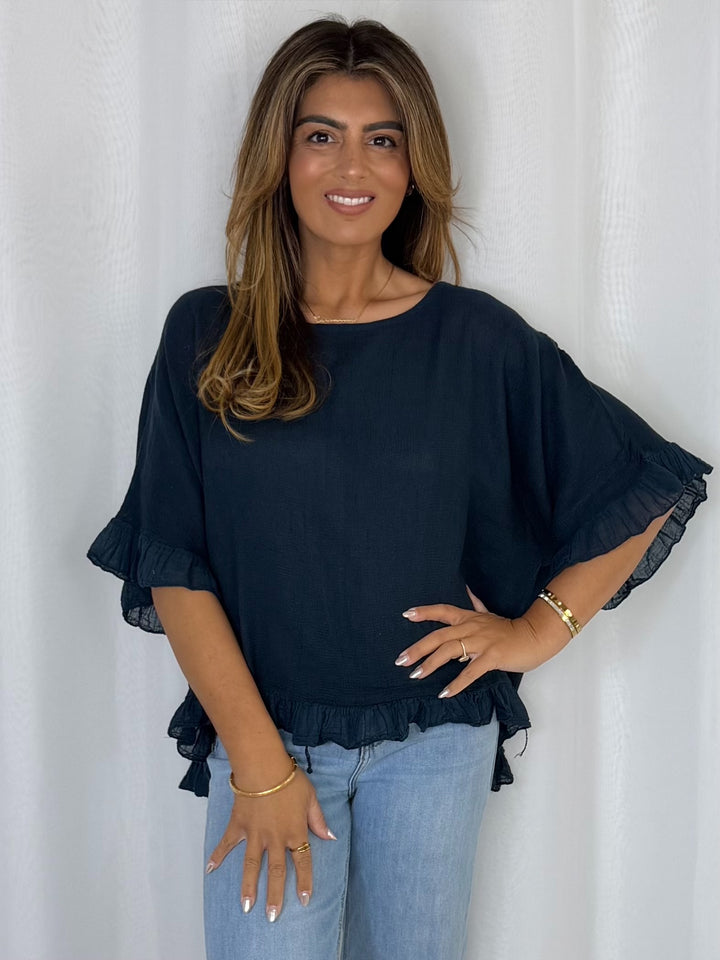 Frill Trim Batwing Top (10 Colours)