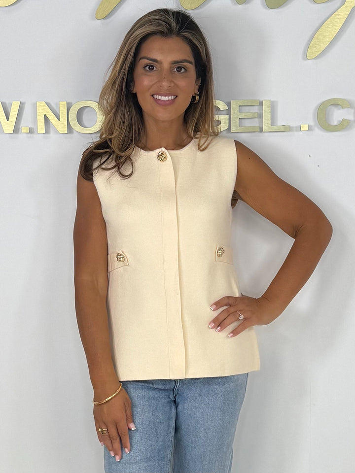 Round Neck Sleeveless Gold Button Detail Soft Knit Jumper (2 Colours)
