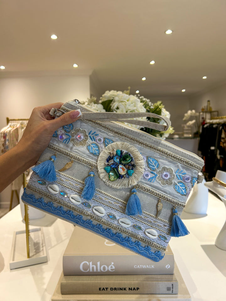 Blue Tassel Shell Detail Clutch Bag