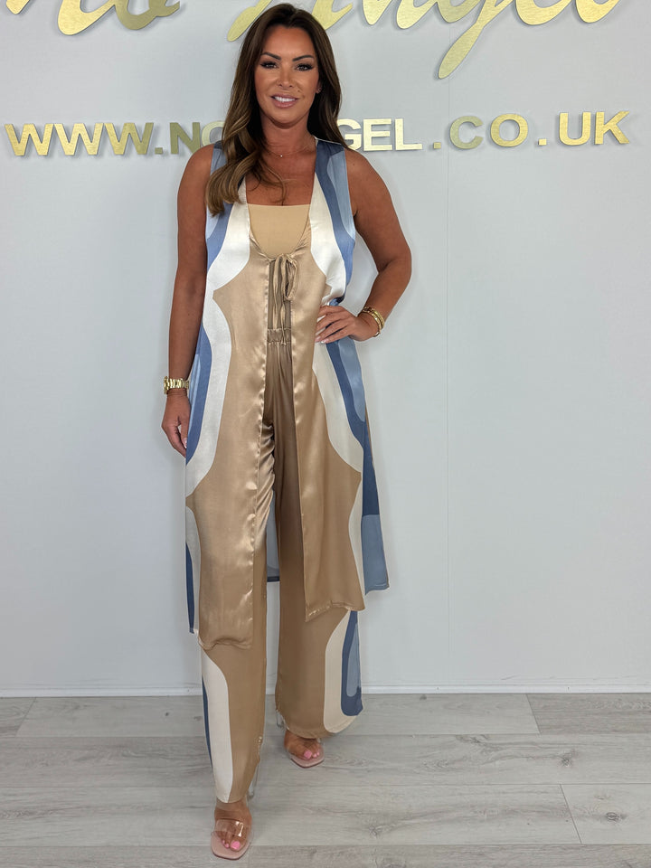 Satin Feel Printed Trouser & Longline Tie UP Waistcoat Co-ord (4 Colours)