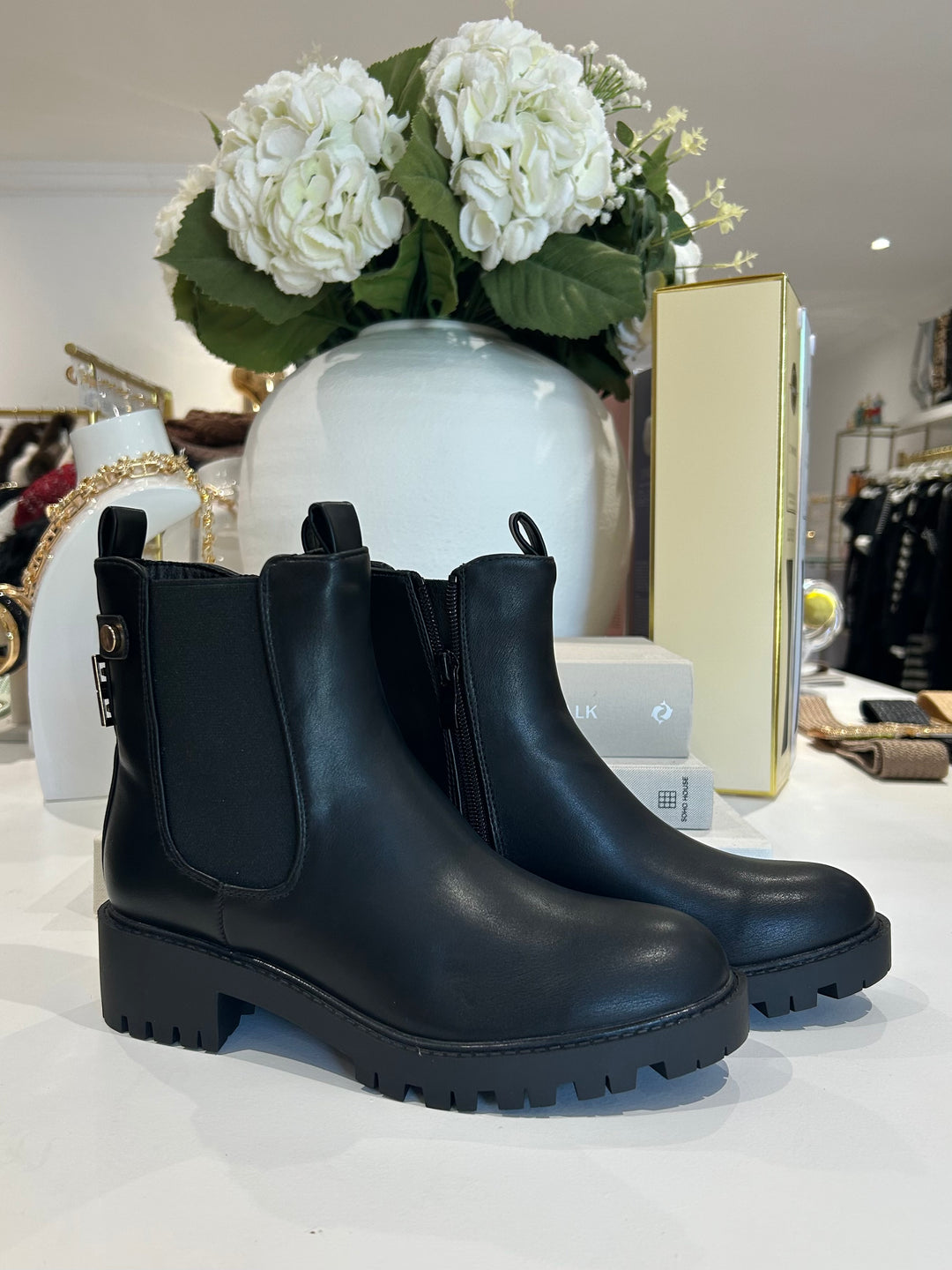 Black Chunky Faux Leather Gold Square Detail Buckle Back Ankle Boots