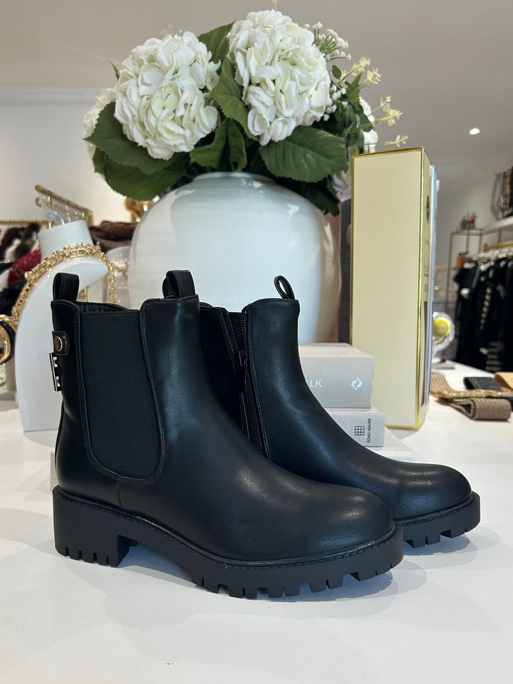 Black Chunky Faux Leather Gold Square Detail Buckle Back Ankle Boots