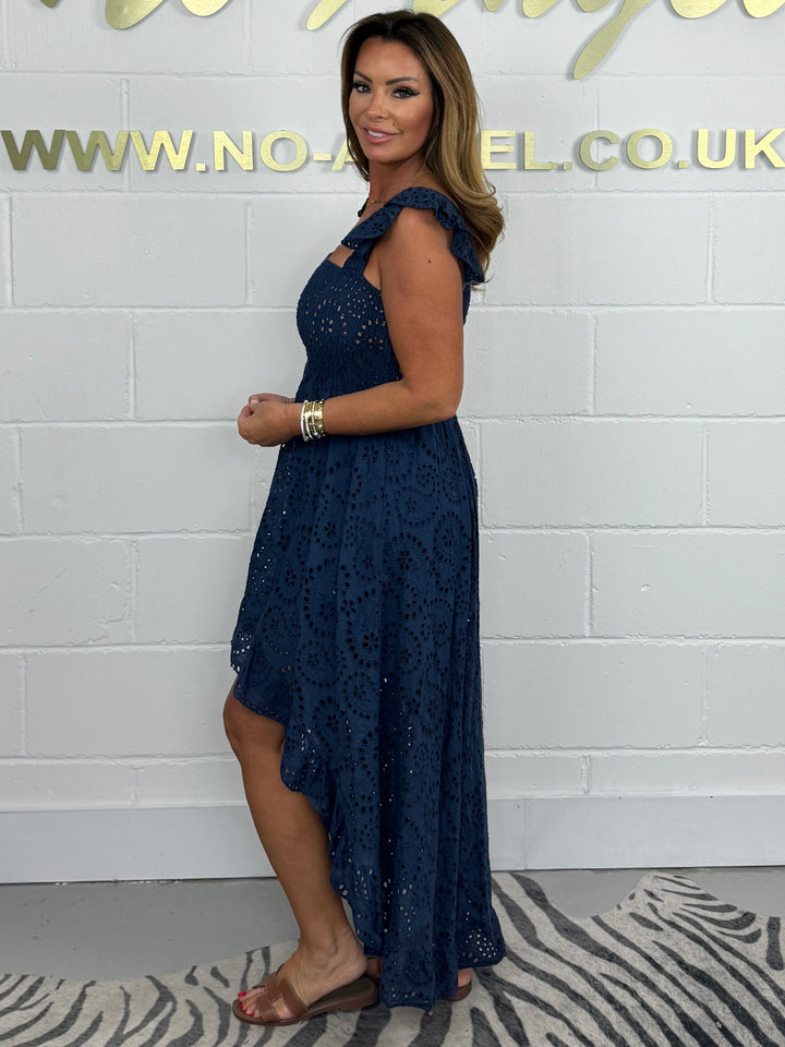 Laser Cut Frill Sleeve High Low Dress ( 4 Colours )