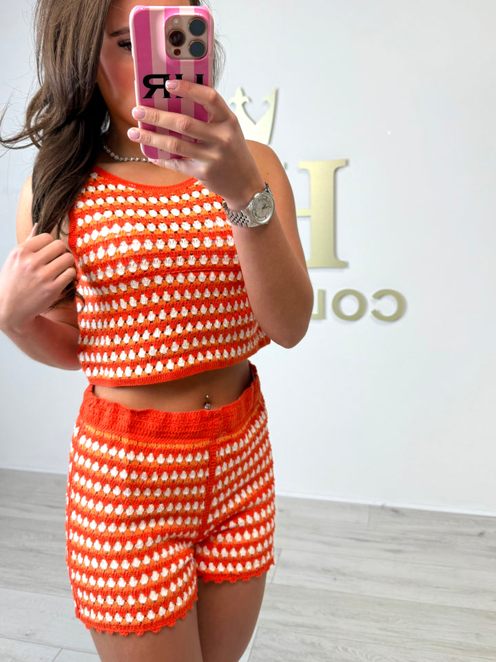 Orange/White Print Crochet Crop Top & Shorts Co-ord