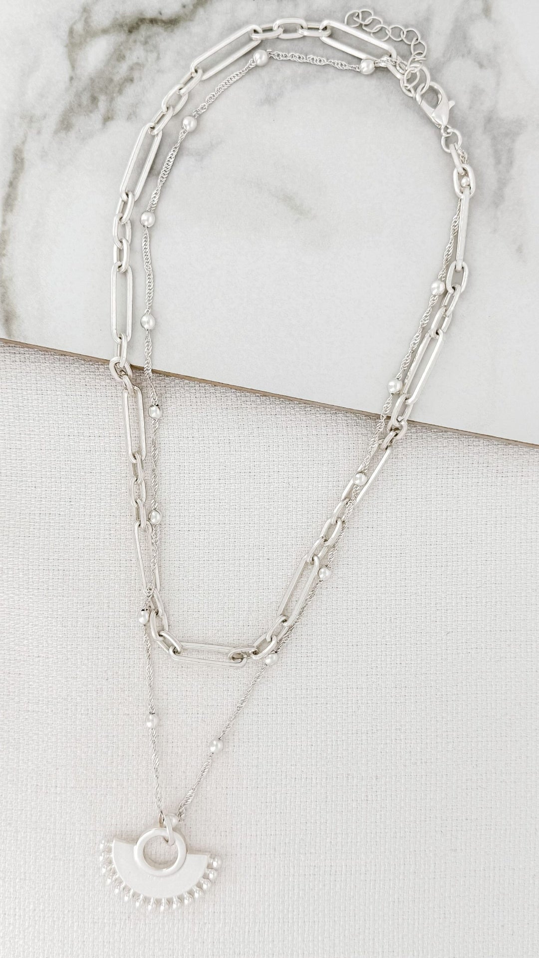 Silver Thin Double Chain Necklace With Fan Pendant 9142