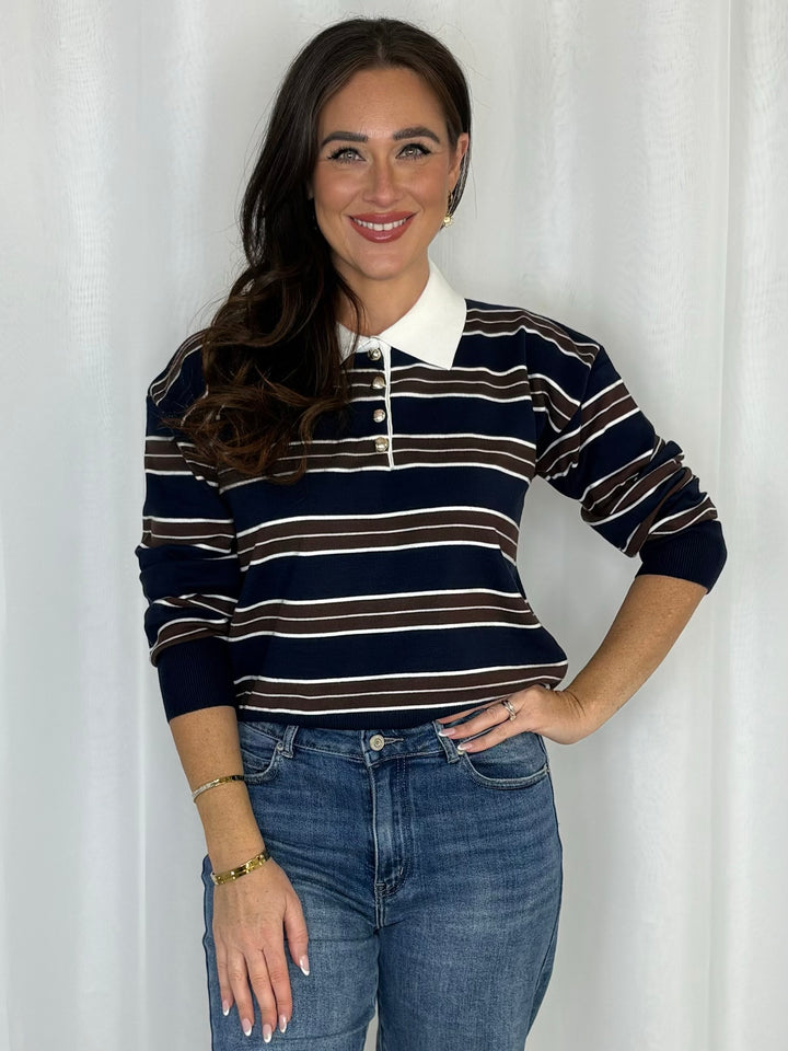Striped Polo Top With Gold Button Detail (2 Colours)