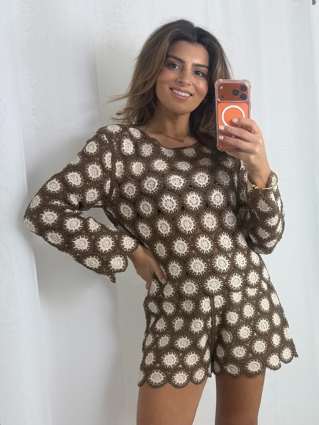 Brown Crochet Long Sleeve Top & Shorts Co-Ord